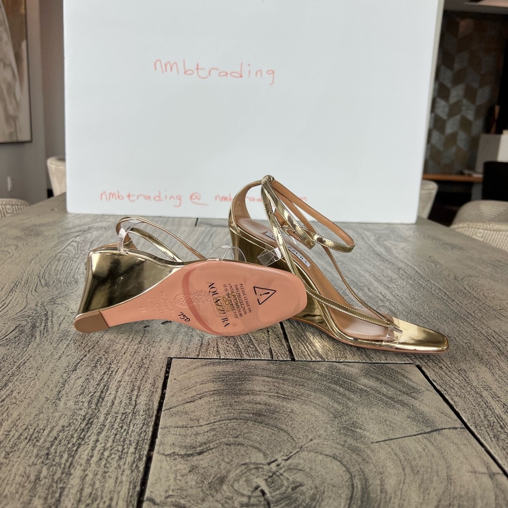Aquazzura glossy gold metallic leather size 8M(38) strappy wedge heel sandals - Picture 14 of 16